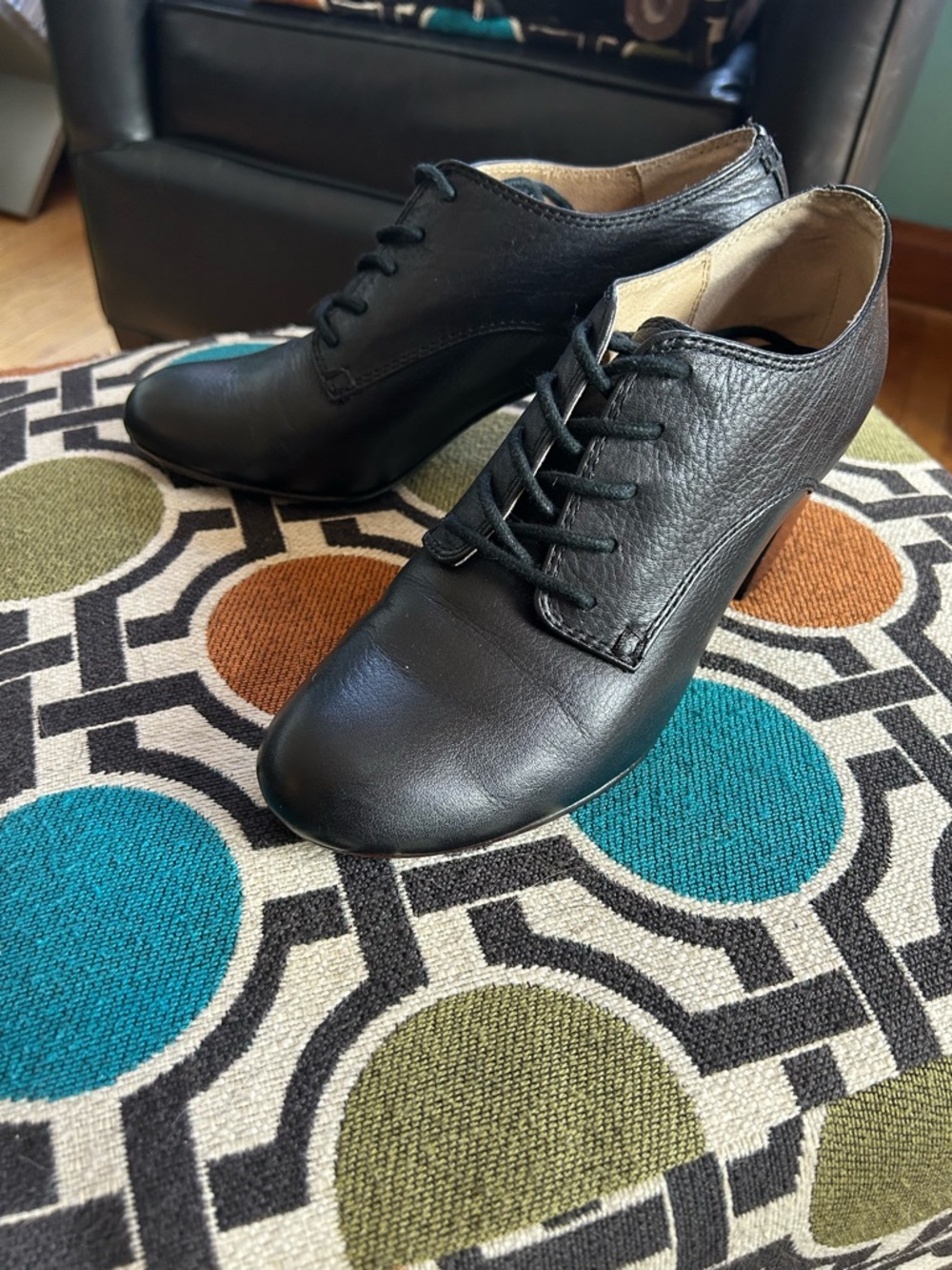 Frye high heeled black leather oxfords